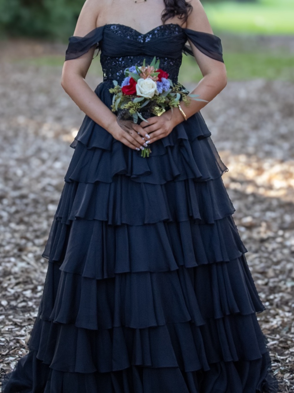 Elegant Black Off-Shoulder Ruffled Evening Dress